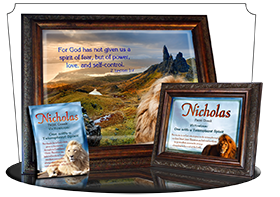 8x10-AN06, personalized 10x12 name meaning print, framed with  name meaning & Bible verse,  Nicholas, lion, bravery courage  This lion is set against heavens of sapphire mist and clouds of wispy white. He looks on with almost unnerving steadfastness, as y