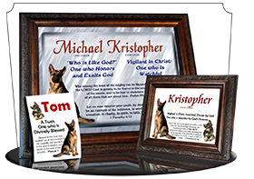 8x10-AN39, personalized 10x12 name meaning print, framed with  name meaning & Bible verse,  Kristopher Christopher Chris Kris german shepherd dog