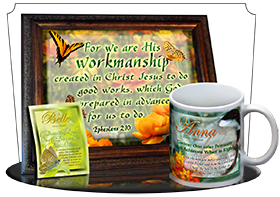 SG-MU-BF13, Coffee Mug with Custom Bible Verse butterfly  green garden, Ephesians 2:10