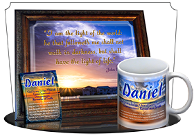 MU-SS14, Coffee Mug with Name Meaning and  Bible Verse, personalized, daniel, sunset, beach, ocean, sand