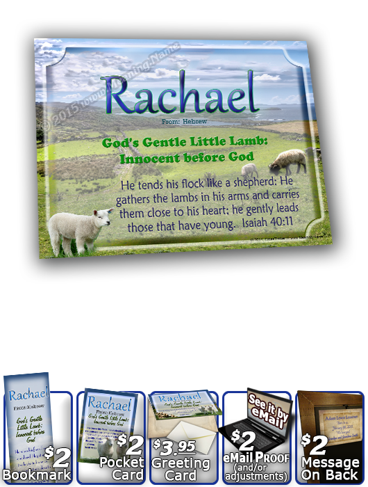 8x10-AN04, personalized 10x12 name meaning print, framed with  name meaning & Bible verse,  Rachel Rachael sheep lambs flock shepherd  This design is another version of AN03, with the soft differences of a brighter shade of colors woven throughout, as wel