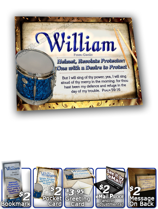 8x10-MU02, personalized 10x12 name meaning print, framed with  name meaning & Bible verse, , personalized, music notes William drums