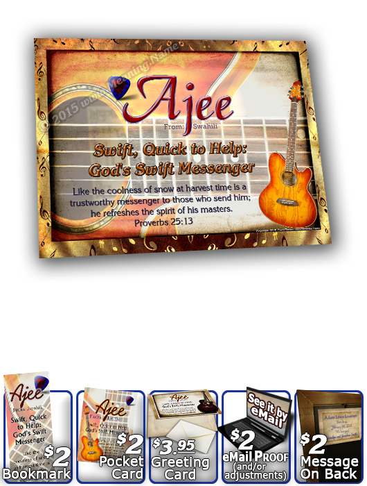 8x10-MU19, personalized 10x12 name meaning print, framed with  name meaning & Bible verse, , personalized, music notes ajee guitar acoustic  This musical WidePlaque design features a beautiful acoustic guitar on its side, and shiny blue text for the name 