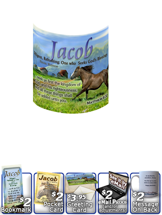 MU-AN48, Coffee Mug with Name Meaning and  Bible Verse jacob brown horse houses