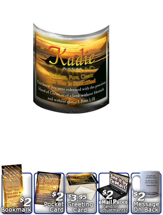 MU-SS20, Coffee Mug with Name Meaning and  Bible Verse, personalized, kadie ocean water, sunset