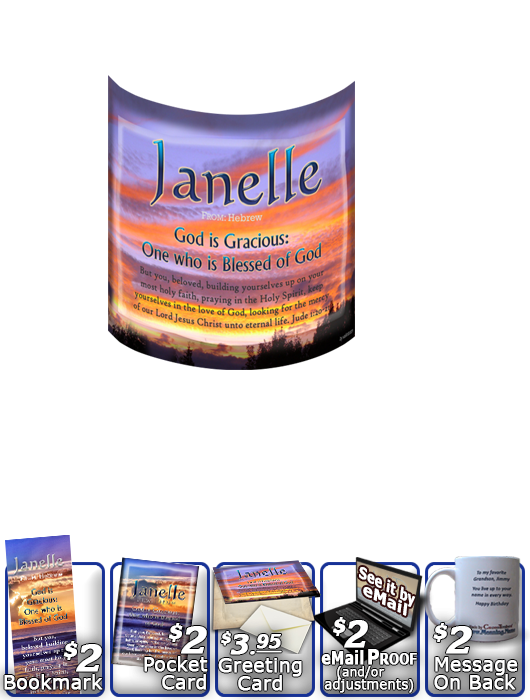 MU-SS22, Coffee Mug with Name Meaning and  Bible Verse, personalized, janelle sunset