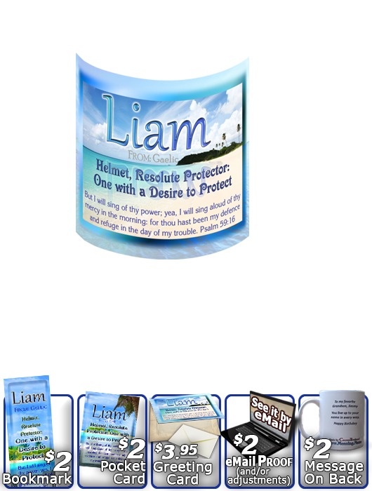 MU-WA06, Coffee Mug with Name Meaning and  Bible Verse, personalized, liam ocean beach vacation palm trees sand