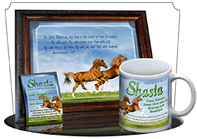 8x10-AN42, personalized 10x12 name meaning print, framed with  name meaning & Bible verse,  Playful Horses happy joyful Shasta brown  Prairie skies greet these meandering horses, as they graze about contentedly on this lazy day of rest. They look on, to s