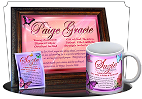 8x10-BF05, personalized 10x12 name meaning print, framed with  name meaning & Bible verse,  butterfly  suzie pink  Purple wings of lace grace the edge of this design, as the butterfly admire your name, and the meaning that lies within. The flower and the 
