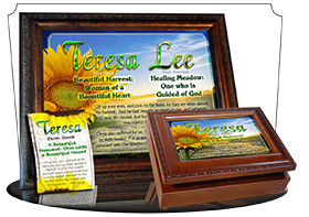 8x10-FL01, personalized 10x12 name meaning print, framed with  name meaning & Bible verse, , personalized, teresa sunflower flower  I'd say this is our happiest WidePlaque design, perfect for sunflowered homes as a Surname Plaque, or to brighten a living 