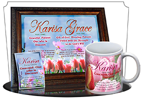 8x10-FL25, personalized 10x12 name meaning print, framed with  name meaning & Bible verse, , personalized, floral flower, karisa pink tulips