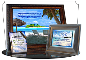 SG-PL-WA06, Custom Scripture Plaque,  Framed, Bible Verse, personalized,  ocean beach vacation palm trees sand, Psalm 92:12a, 13