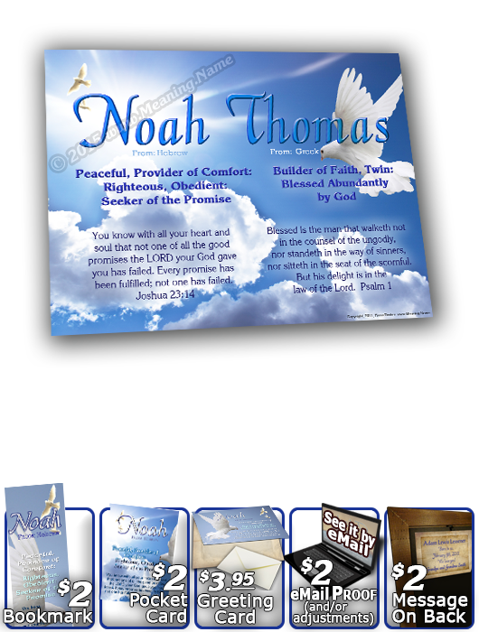 8x10-AN13, personalized 10x12 name meaning print, framed with  name meaning & Bible verse,  noah dove peace  Doves of peace glide gracefully in this soft blue sky, as they hover effortlessly around your name and its precious meaning.