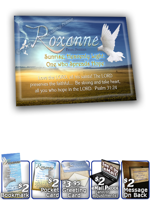 8x10-AN14, personalized 10x12 name meaning print, framed with  name meaning & Bible verse,  Roxanne dove peace  A dove alights upon your name and it's meaning, as the sun's golden rays seem to brighten the text that fills its skies.