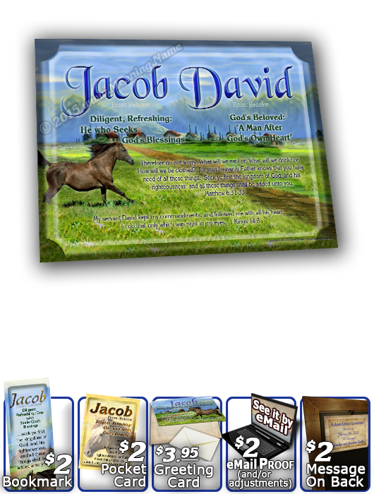 8x10-AN48, personalized 10x12 name meaning print, framed with  name meaning & Bible verse,  jacob brown horse houses