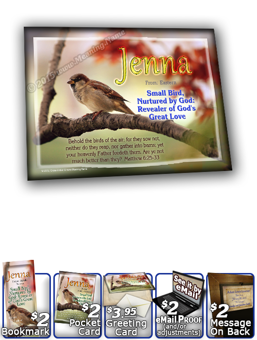 8x10-AN63, personalized 10x12 name meaning print, framed with  name meaning & Bible verse,  Jenna bird birds sparrow