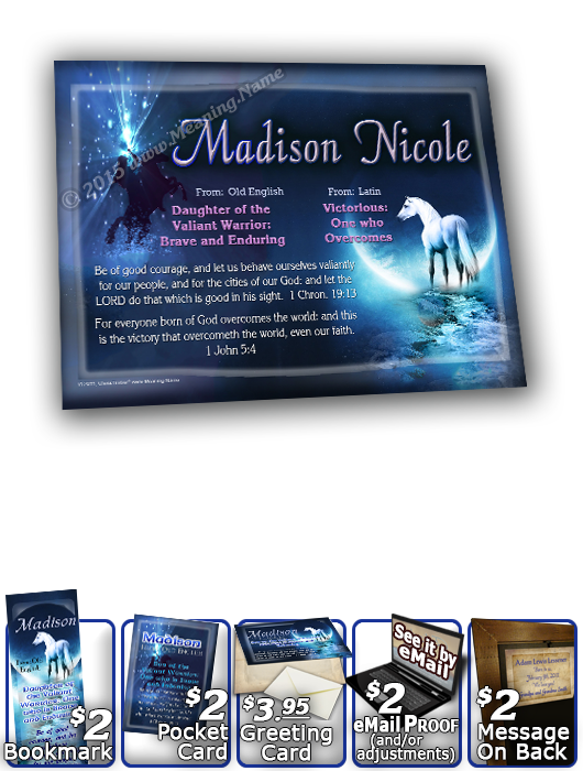 8x10-CR09, personalized 10x12 name meaning print, framed with  name meaning & Bible verse, , personalized, madison white horse moon  There are some beautiful effects on the name and meaning for this white horse design.  The moonlight catches on the end of
