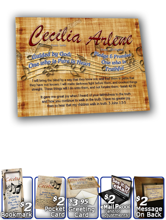 8x10-MU11, personalized 10x12 name meaning print, framed with  name meaning & Bible verse, , personalized, music notes cecelia  Musical notes fly across the background of this name meaning print.  An aged parchment holds the sea-blue name, meaning and Bib