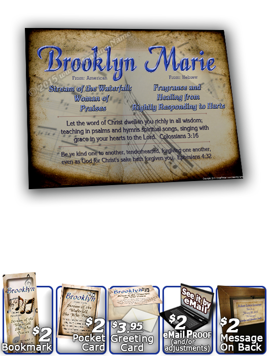 8x10-MU12, personalized 10x12 name meaning print, framed with  name meaning & Bible verse, , personalized, music notes brooklyn