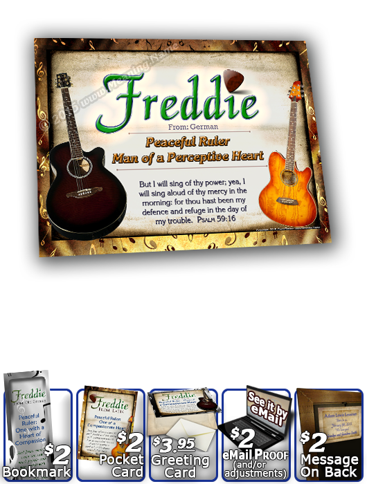 8x10-MU15, personalized 10x12 name meaning print, framed with  name meaning & Bible verse, , personalized, music notes freddie fred frederick guitar acoustic