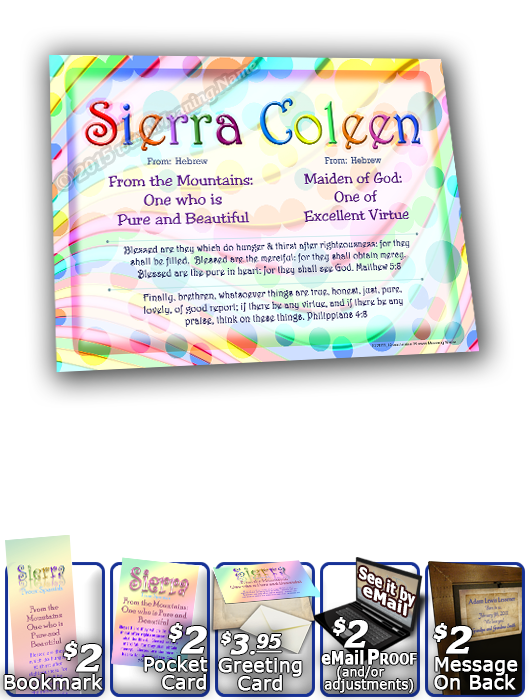 8x10-SM11, personalized 10x12 name meaning print, framed with  name meaning & Bible verse, , personalized, baby name, rainbow, sierra, pastel