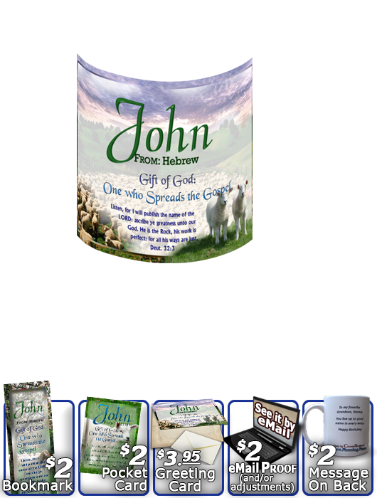 MU-AN02, Coffee Mug with Name Meaning and  Bible Verse sheep flock lambs shepherd john