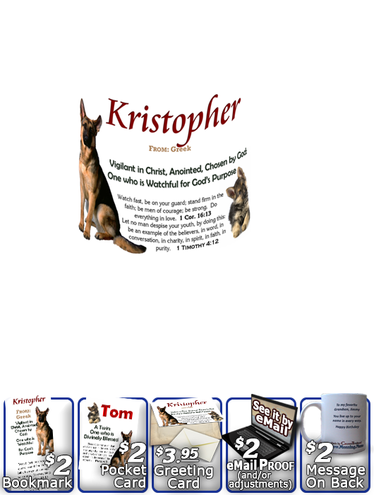 MU-AN39, Coffee Mug with Name Meaning and  Bible Verse Kristopher Christopher Chris Kris german shepherd dog