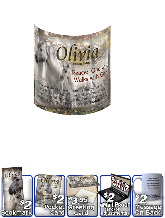 MU-AN45, Coffee Mug with Name Meaning and  Bible Verse mom mother child horses white olivia