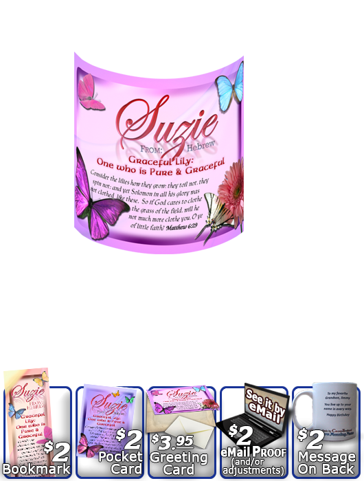 MU-BF05, Coffee Mug with Name Meaning and  Bible Verse butterfly  suzie pink