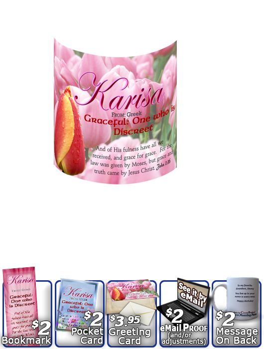 MU-FL25, Coffee Mug with Name Meaning and  Bible Verse, personalized, floral flower, karisa pink tulips