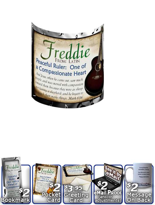 MU-MU15, Coffee Mug with Name Meaning and  Bible Verse, personalized, music notes freddie fred frederick guitar acoustic