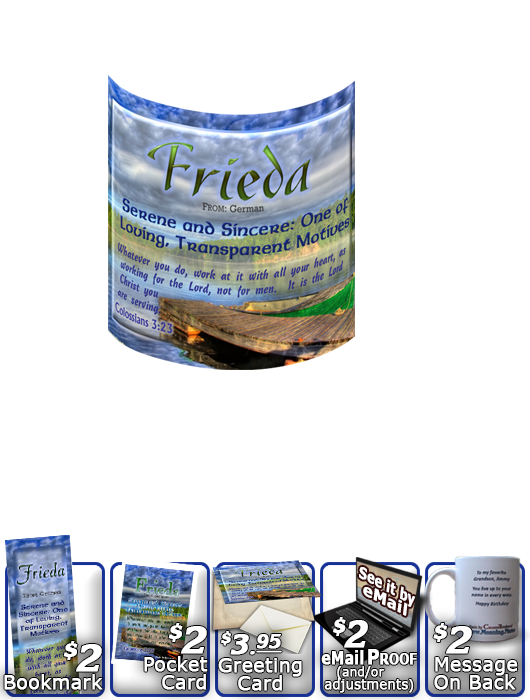MU-SC06, Coffee Mug with Name Meaning and  Bible Verse, personalized,dock lake peace frieda