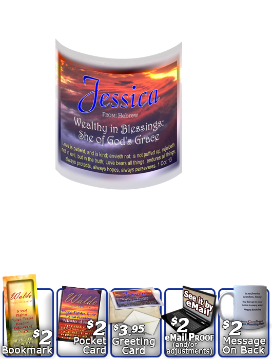 MU-SS08, Coffee Mug with Name Meaning and  Bible Verse, personalized, sunset jessica