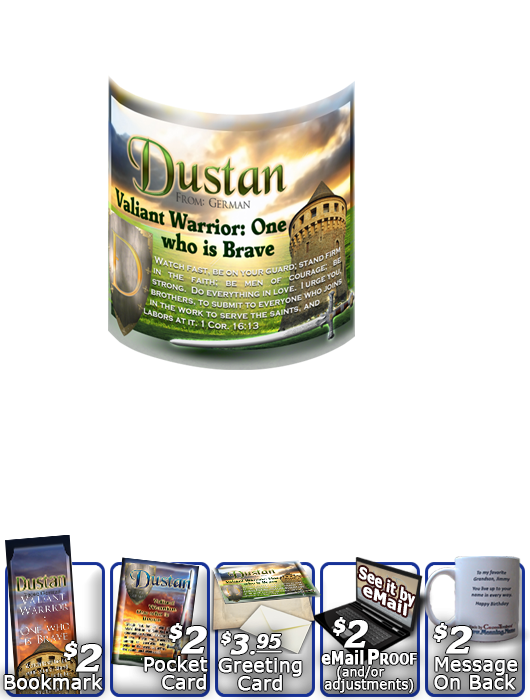 MU-SY63, Coffee Mug with Name Meaning and  Bible Verse, personalized,dustan shield sword castle knight courage