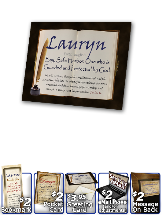 PL-SY44, Name Meaning Print,  Framed, Bible Verse, personalized, Lauryn book quill journal