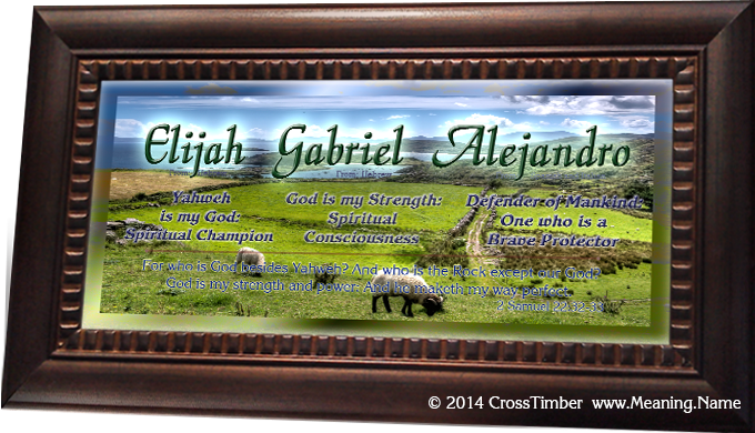 framed name meaning print with elijah gabriel alejandro and sheep blue sky and green fields AN01