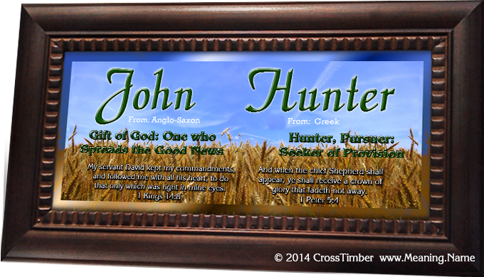GR01  fields of grain with blue skies and the name meaning for John Hunter framed personalized