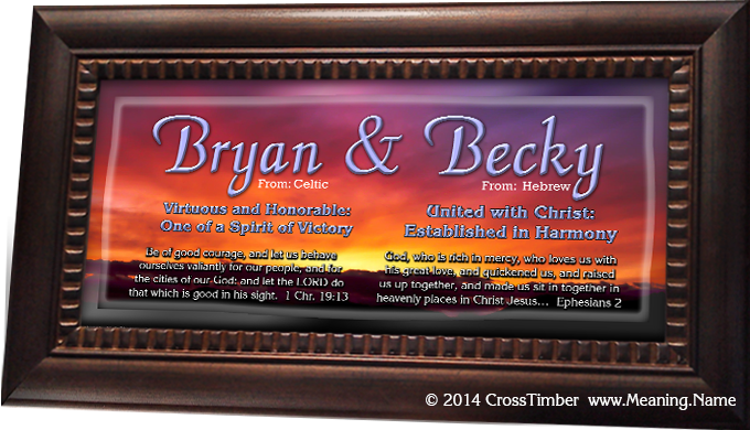 SS08 framed name meaning plaque for couples 2 names & 2 meanings. bryan becky