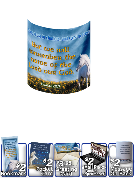 SG-MU-AN26, Coffee Mug with Custom Bible Verse  white horse, Psalm 20:7, Job 39:19